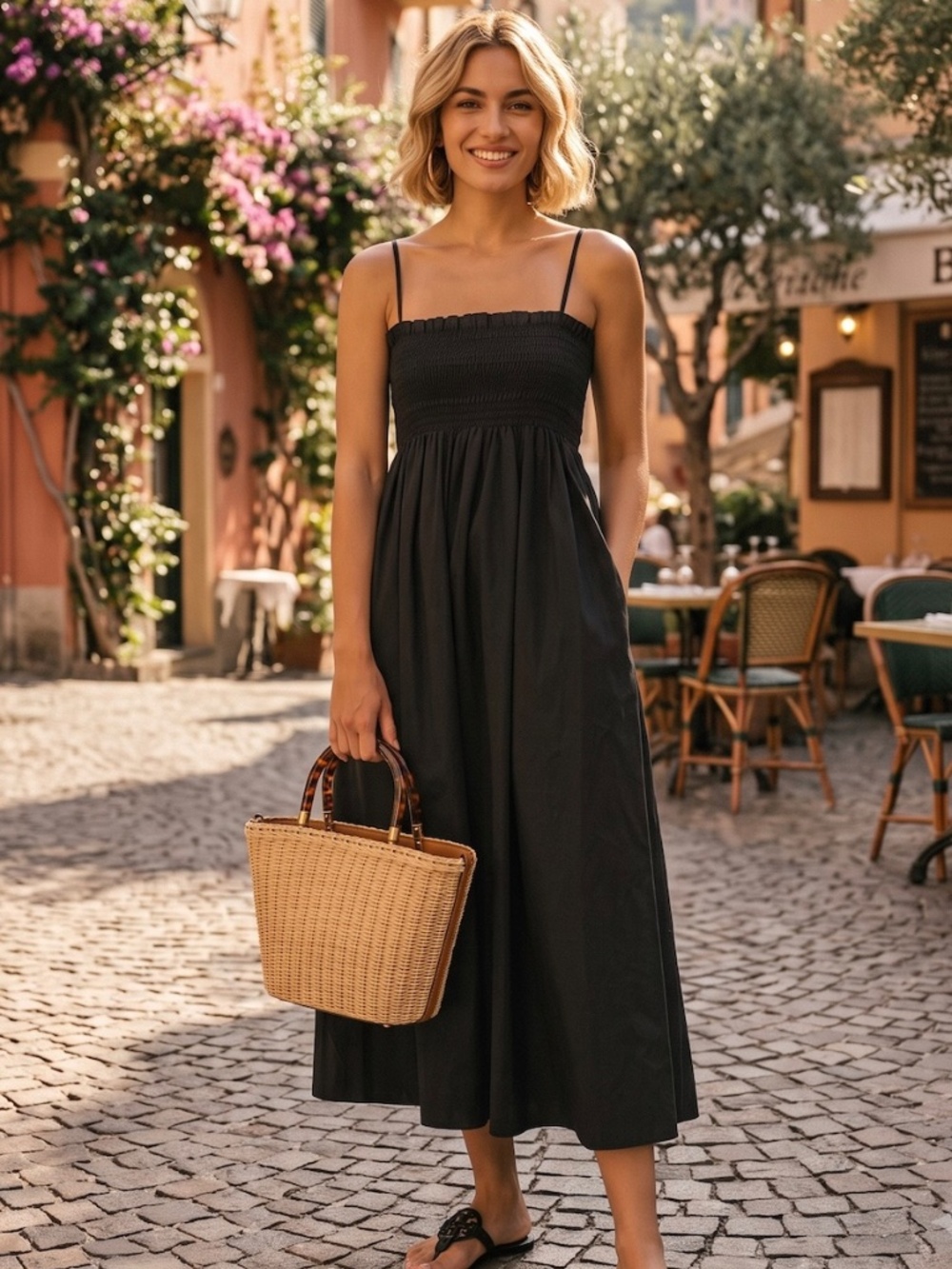 Tory Burch Smocked Cotton Midi Dress Black Size S NWOT Pockets